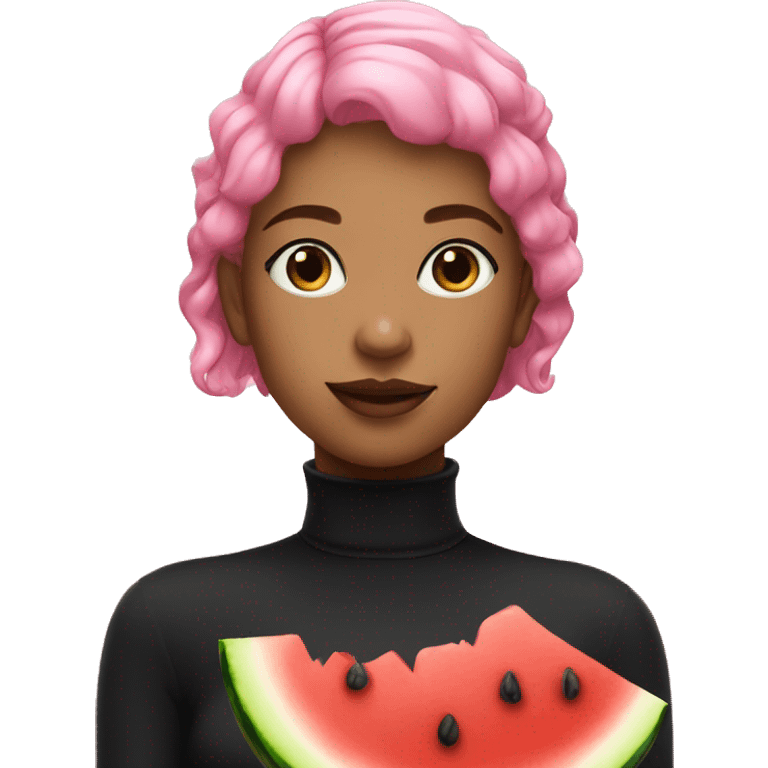 a girl with pink hair wearing a black turtle neck eating watermelon emoji