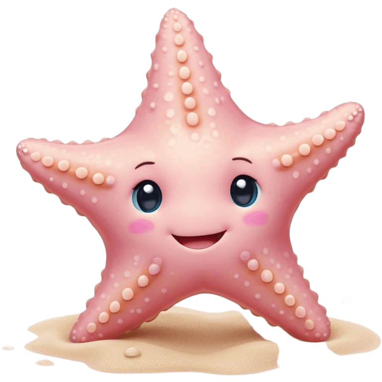 Cinematic cute round starfish, pastel pink, soft bumpy texture, tiny happy face, slightly tilted, glowing warmly, sparkling with gentle ocean magic. emoji