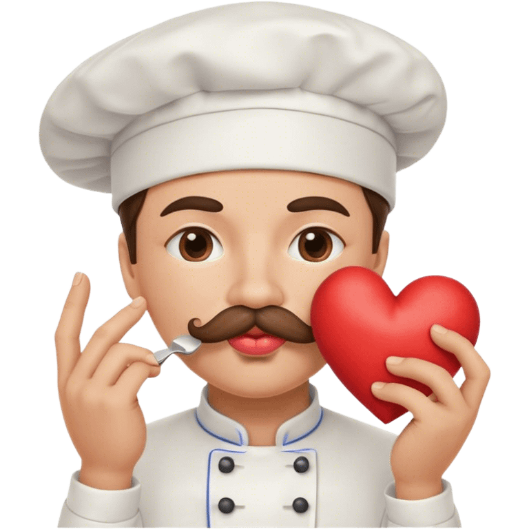 Happy puckered lips emoji with mustache wearing chef hat kissing emoji heart at pinched fingers emoji emoji