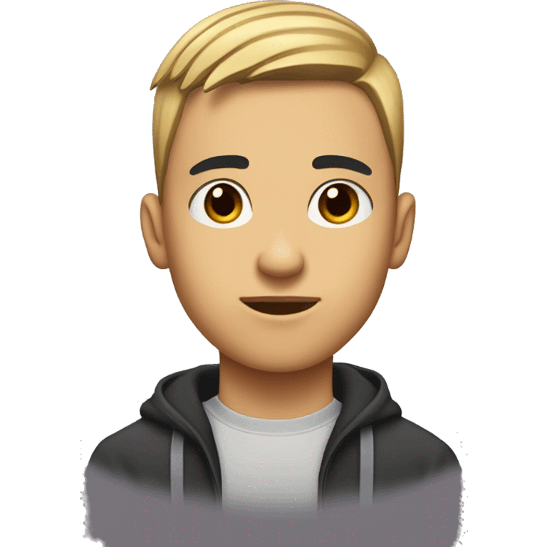 a forward-styled haircut with shaved sides, thick eyebrows, an average nose, and black eyes. teenager 15 years old emoji