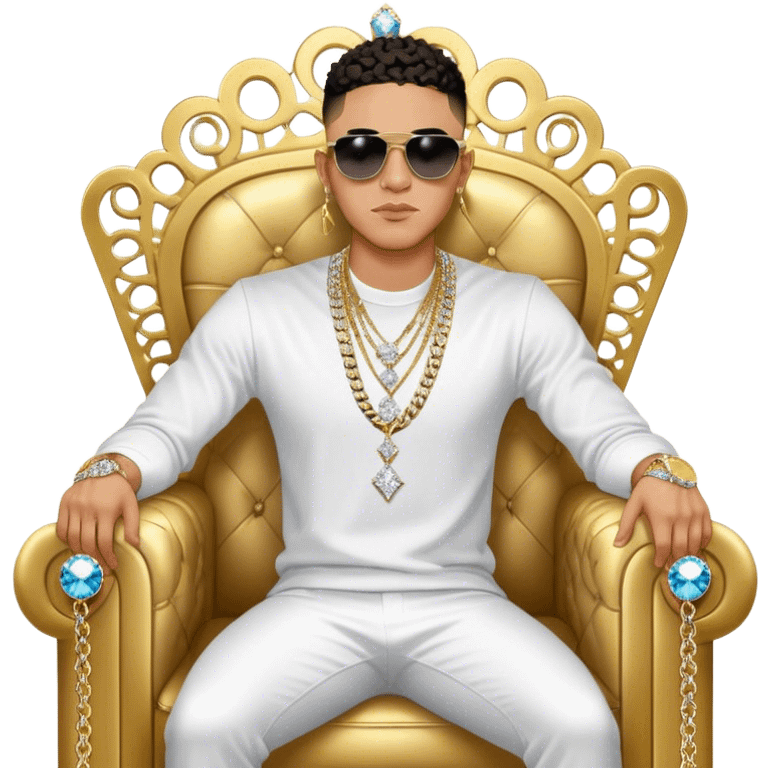 Celebrity millionaire entrepreneur Josh King Madrid, designer fit, 3 diamond sparkling tennis chains, seated on a massive gold throne, sunglasses on, lightskin tan tone, diamond sparkle earrings, private jet behind him emoji