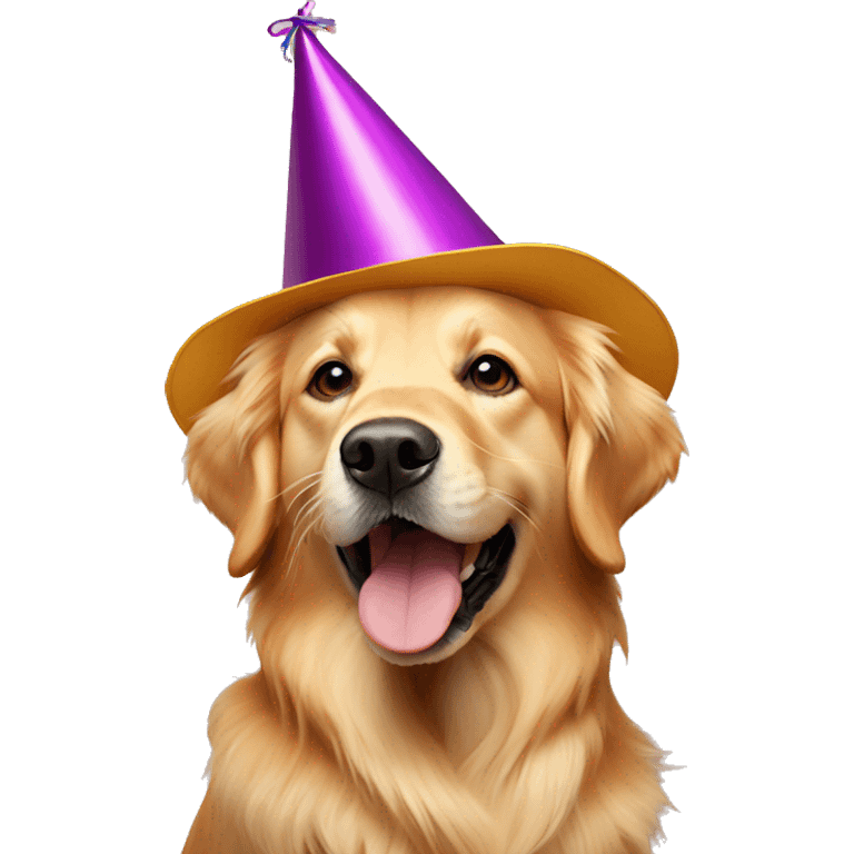 Golden retriever dog with birthday hat emoji