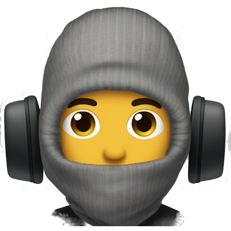 gamer with headphones and a black balaclava, there's a little bit of hair sticking out from under the balaclava. emoji