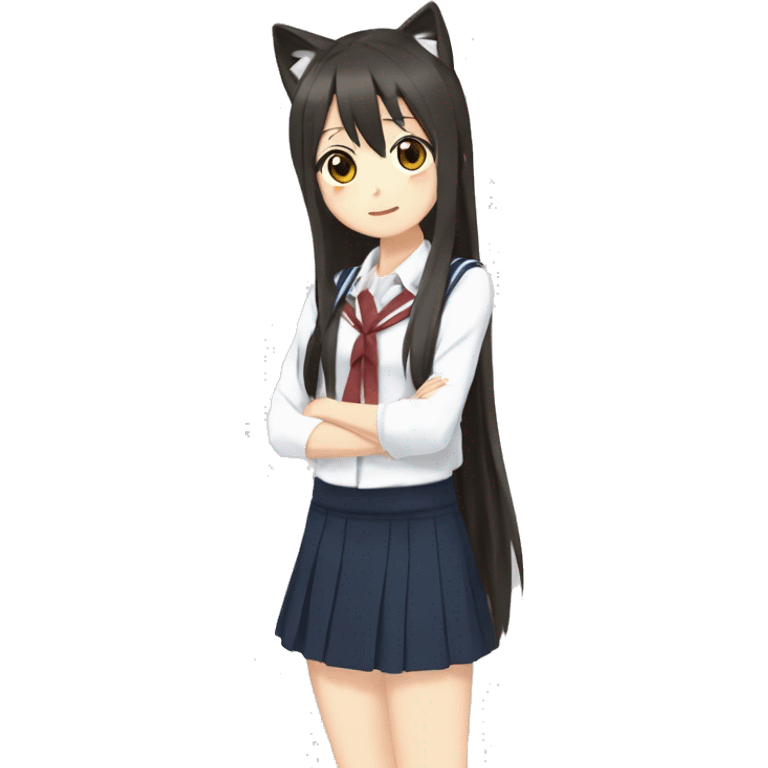 Azusa Nakano from k-on,  wear school uniform, and long straight hair, with cat ear emoji