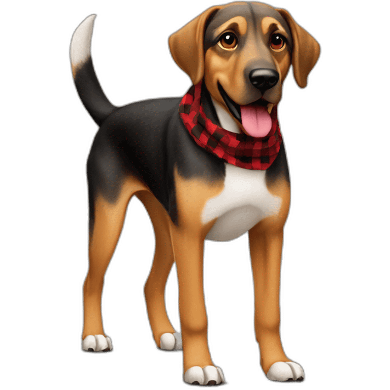 adult 75% Coonhound 25% German Shepherd mix dog with visible tail wearing small pointed red buffalo plaid bandana full body walking left quickly emoji