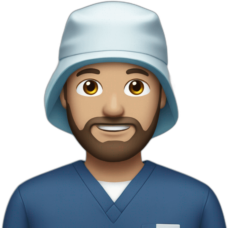 White man with brown beard and brown eyes wearing a surgical cap and mask with navy blue scrubs emoji