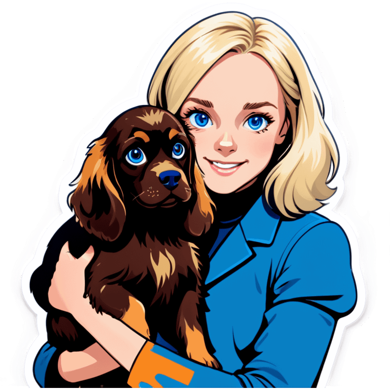 Blonde haired girl with blue eyes holding Boykin spaniel emoji