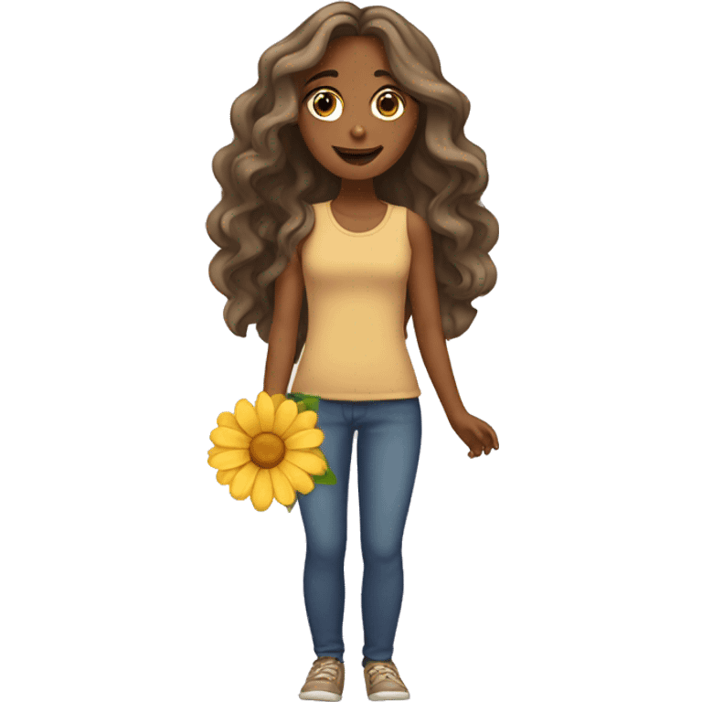 Tan girl with wavy long hair holding a flower emoji