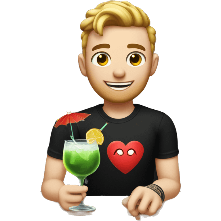 young bartender with pale white skin and tattoo on left the hand. he is wearing black t-shirt which has teeth-smile print in heart area. he is holding cocktail. emoji