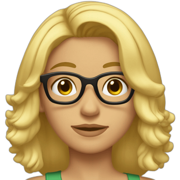 chica rubia con pelo largo a la altura de los hombros y suelto, com mechas rubias en el pelo, ojos verdes y gafas negras emoji