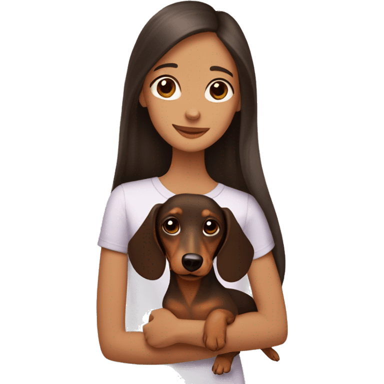 A brown dachshund in the arms of a girl with dark long hair and brown eyes emoji