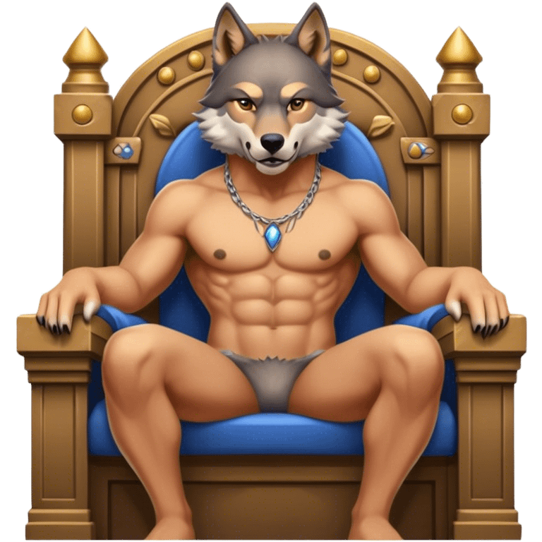 alpha wolf shirtless sitting in a throne with his pack behind him emoji