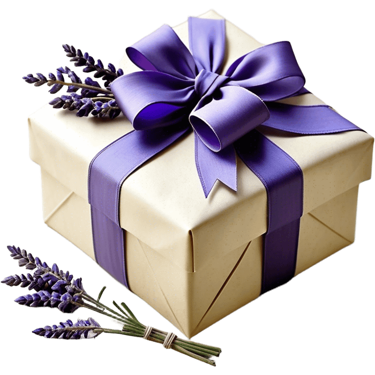 A weathered parchment-wrapped gift, secured with a lavender silk bow, lies nestled among dried sprigs of violet and indigo-hued lavender, their scent mingling with the faint trace of aged paper. A few stray ribbons, in shades of wisteria and dusk, cascade over the edges, whispering of quiet elegance and old-world charm.
 emoji