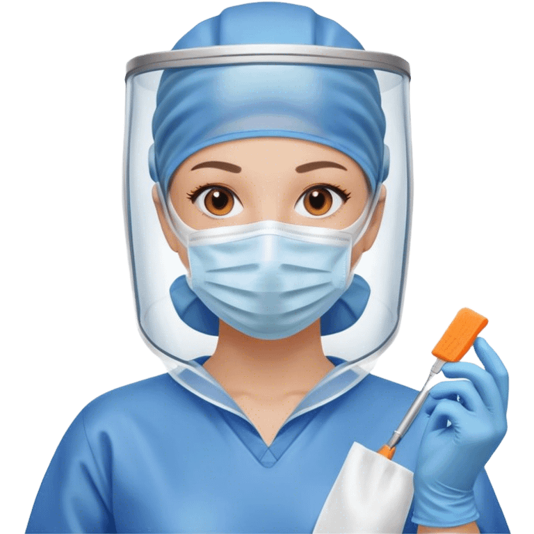 A meticulous cleanroom worker dressed in full protective gear, including a blue sterile suit, a face mask, a hairnet, and orange gloves.  wipe  in her hand. emoji