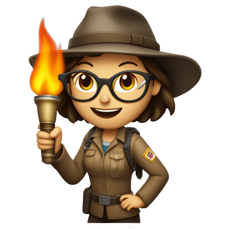 Brunette lady explorer in dark rimmed glasses holding burning torch overhead emoji