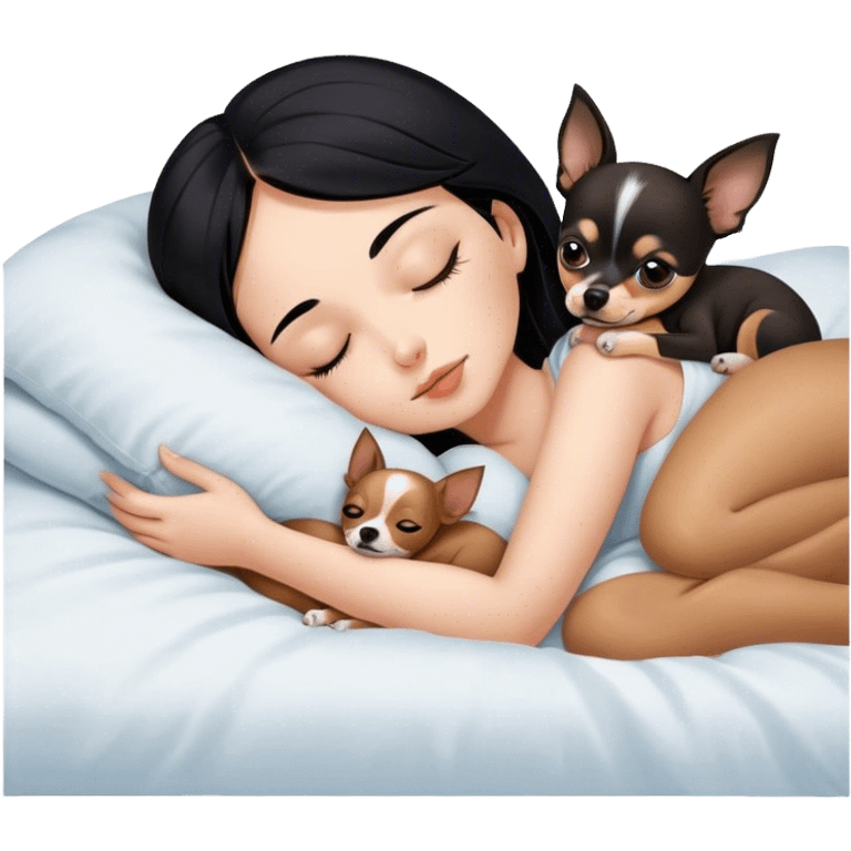 Girl with black hair sleeping in bed with one brown chihuahua  emoji