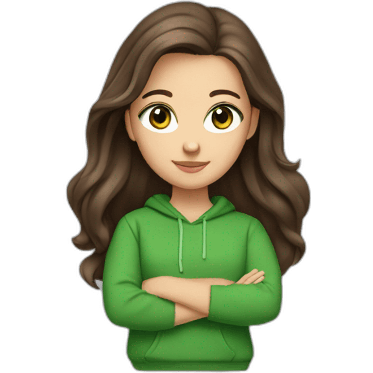 white girl with long dark brown layered hair, green/brown eyes and red sweatshirt emoji