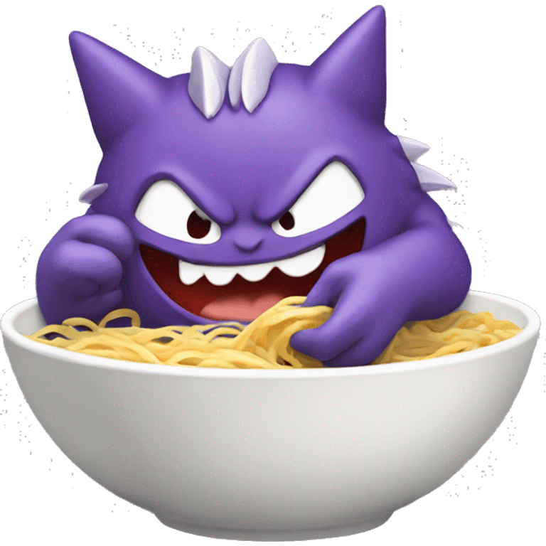 iOS emoji art style, Pokémon character Gengar, eating ramen noodles. emoji