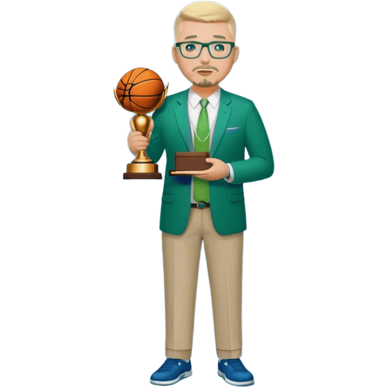 Full Body white male plus size body type  wearing glasses with a goatee with light blonde gray very short hair basketball head Coach in blue and green suit holding trophy emoji