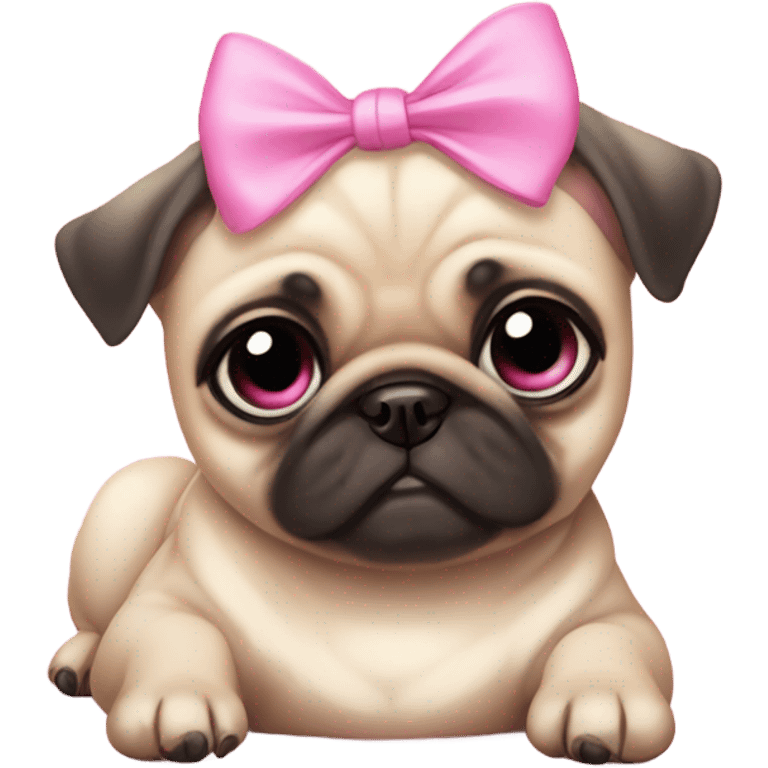 Baby pug with big pink
eyes lying down with a pink bow above 1 ear emoji