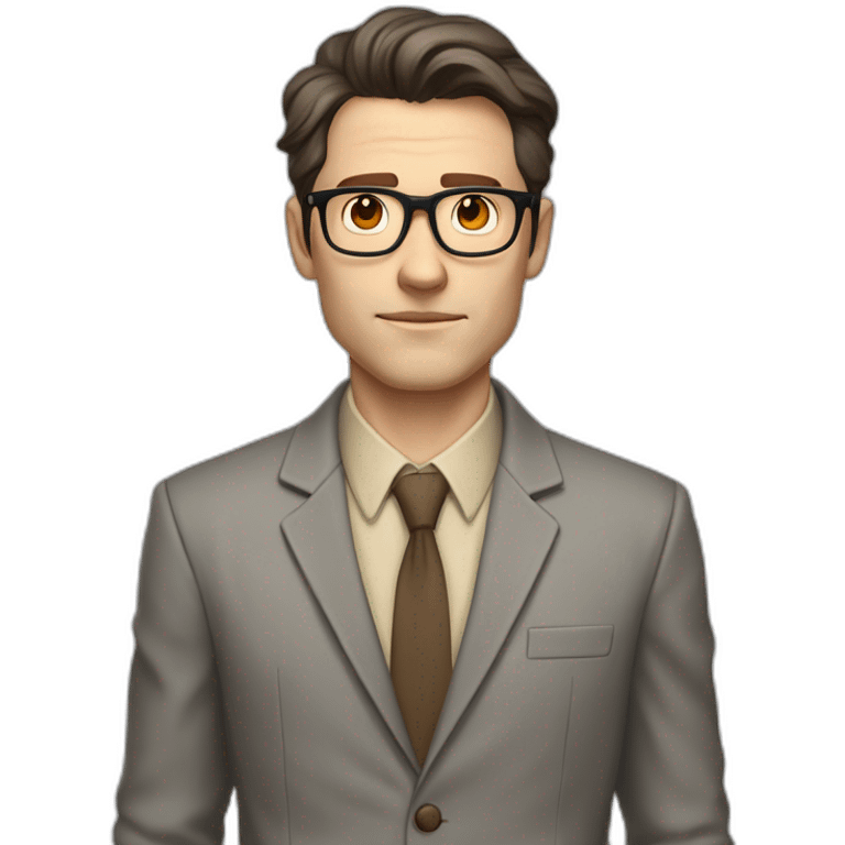 Full height Pale skinned Fit Man With dark brown hair in gray jacket, beige office shirt, tie, Brown pants and vintage glasses. Thrumbs of his palms directed up emoji