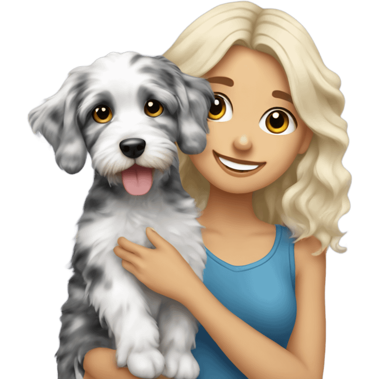 Blonde girl holding blue Merle aussiedoodle  emoji