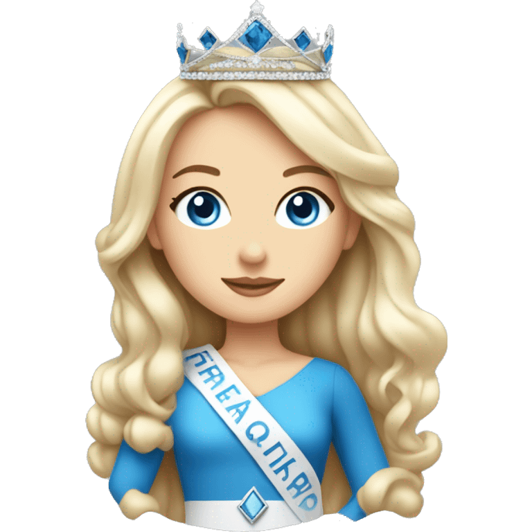 White girl  with blue eyes Pageant queen with sash trimmed in blackand crown on full body emoji