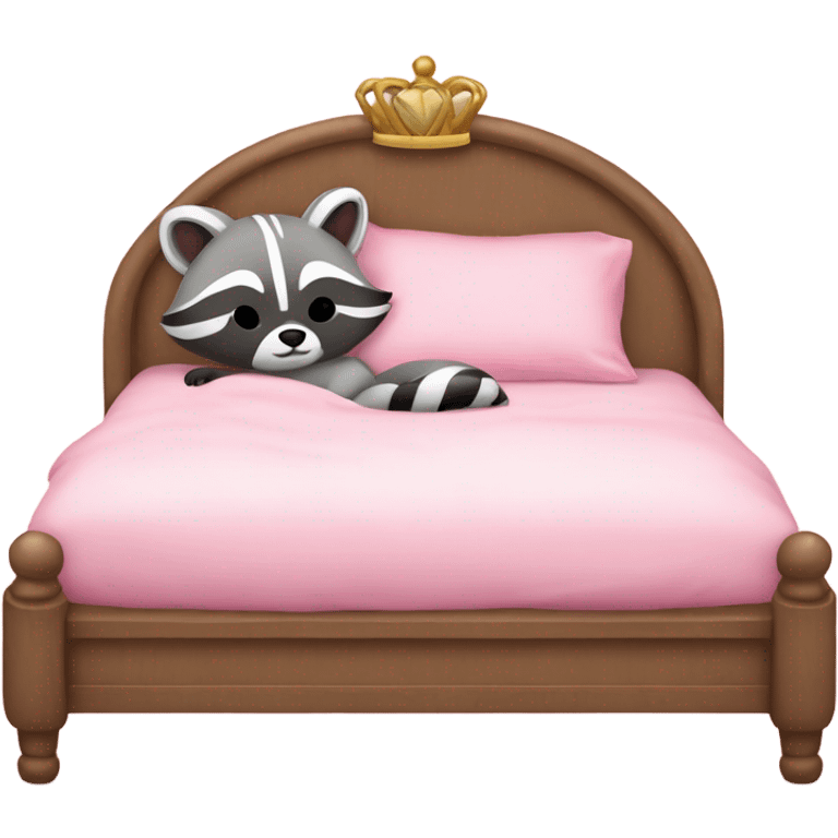 princess style bed with sleeping cute racoon wearing pink bow on head in it emoji