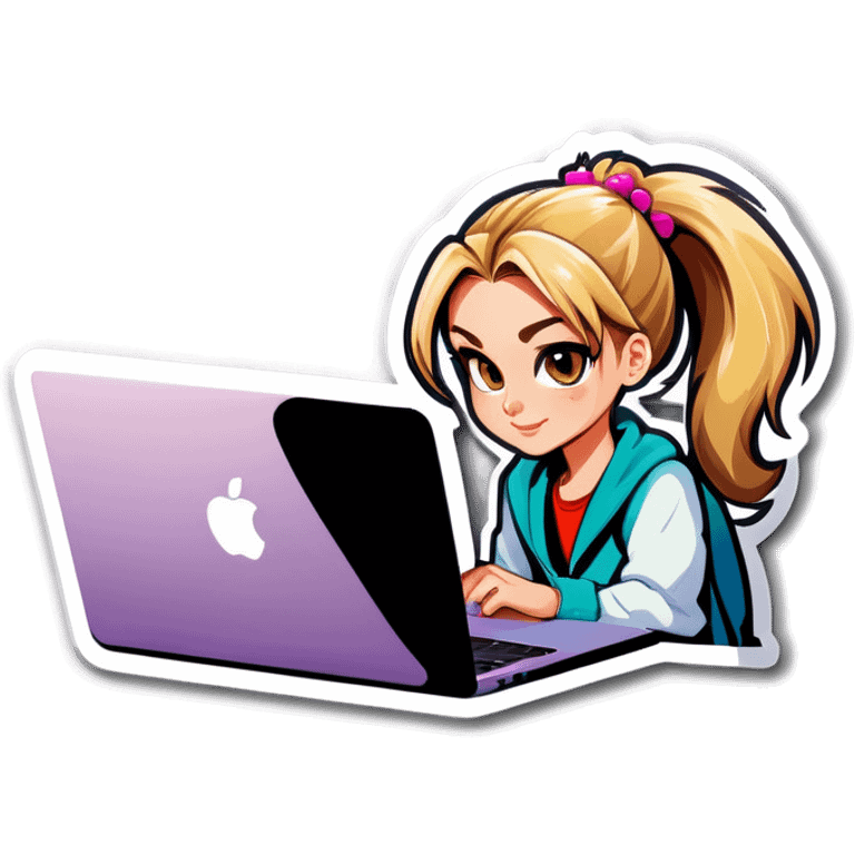 Blonde girl ponytail macBook and a cat emoji