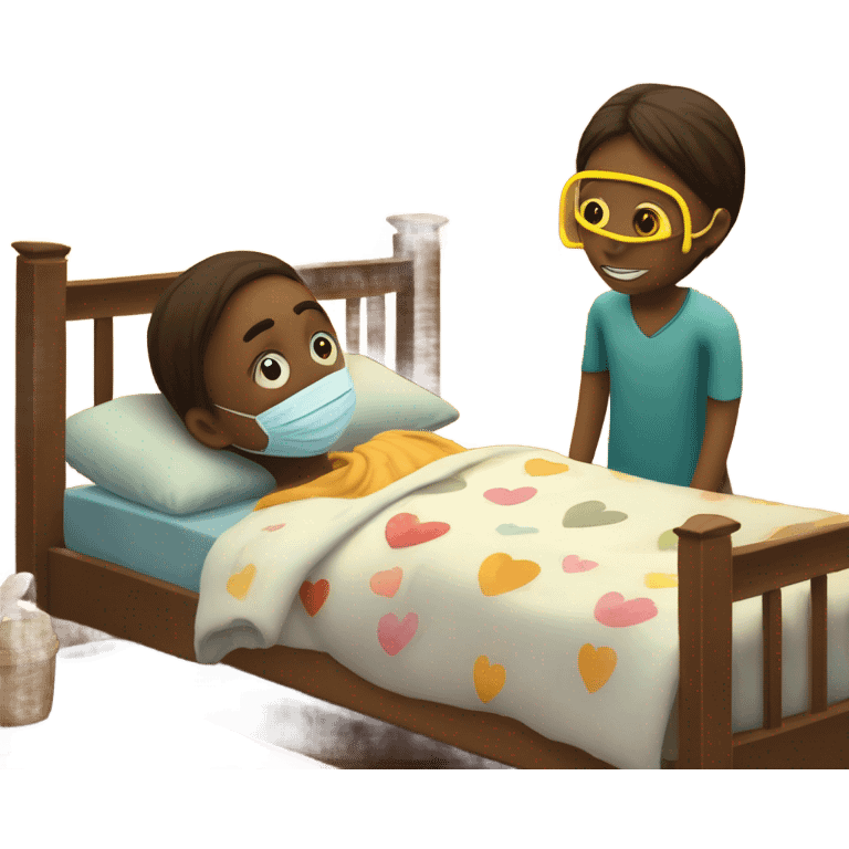 Two children, sick, each in their own bed, wearing masks, one Boy, one girl,, at home, get well soon sign with yellow heart emoji