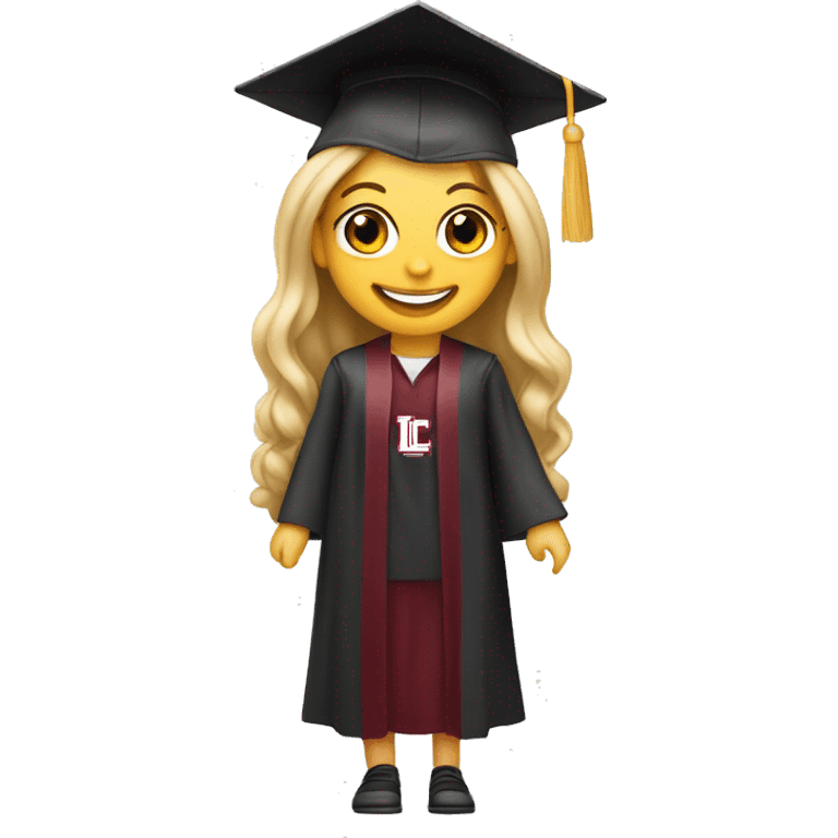 Blonde girl smiling wearing university of Chicago Loyola grad cap emoji