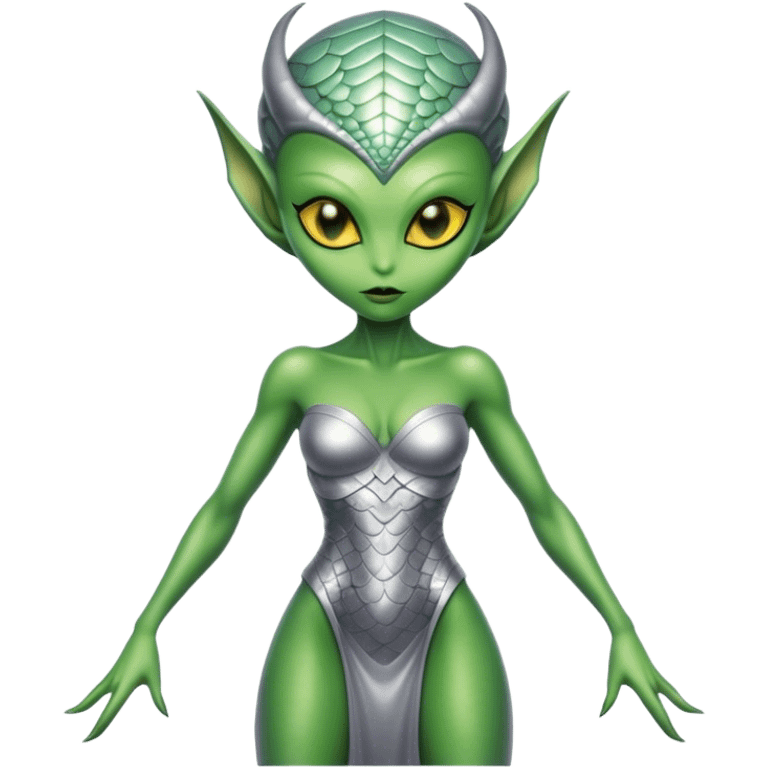 Green Alien woman in silver dress, full figure with scales skin, yellow eyes emoji