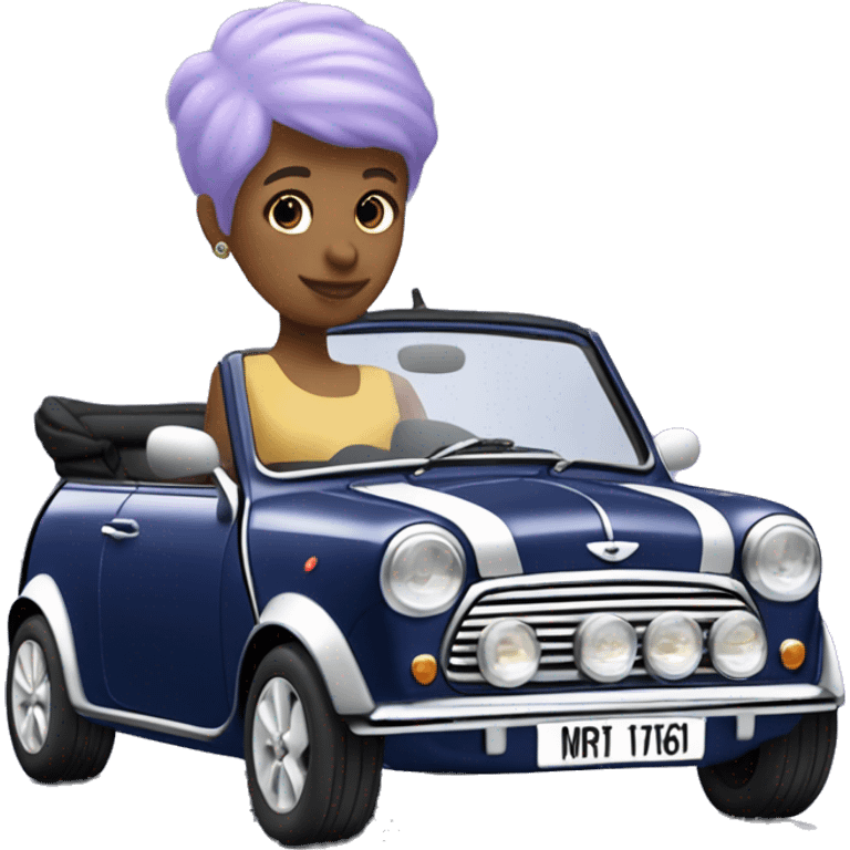 navy blue convertible Mini Cooper, with short, lilac colored haired woman driving - update woman to fair skinned emoji