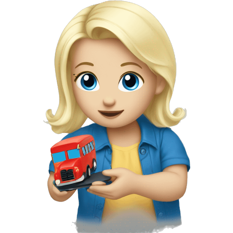 Baby Blonde hair blue eye playing with toy bus emoji