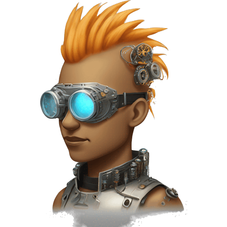 Light orange Mohawk hair make cyborg head with silver steampunk goggles and circuits emoji