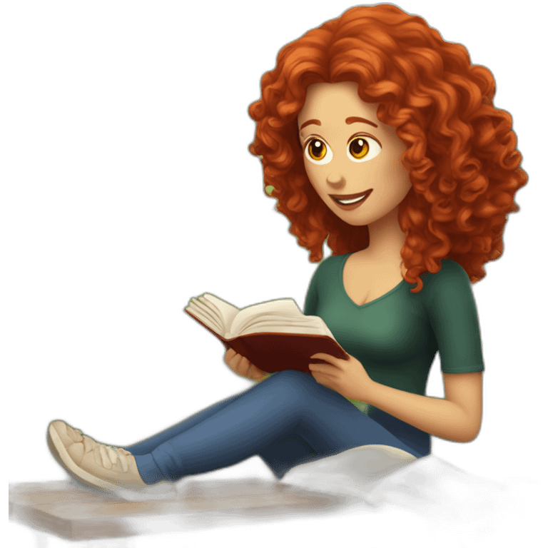 White woman with long curly red hair reading a book with a glass of wine in a park emoji