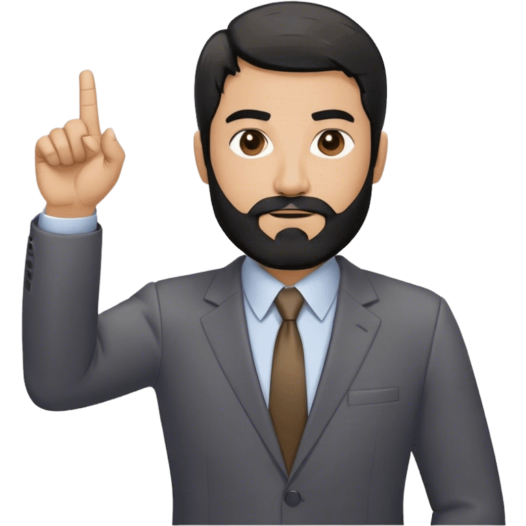 Emoji-style cartoon man, 50s, black beard with gray streaks, wearing a business suit. Raises right index finger upward (↑) to signal 'attention!' Simple design, bold lines, minimal details emoji