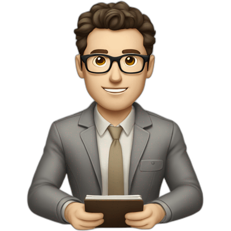 Pale skinned Fit Man With dark brown hair in gray jacket with emblem Ψ, beige office shirt and vintage glasses sitting In a soft chair with a notebook and a pen in his hands emoji