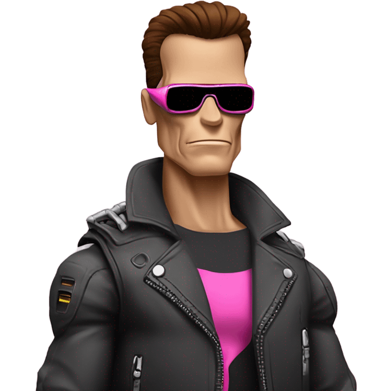 Schwarzenegger-like Terminator, upper body only, wearing his iconic clothes in pink, looking more human with minimal robotic details, and wearing dark sunglasses. emoji