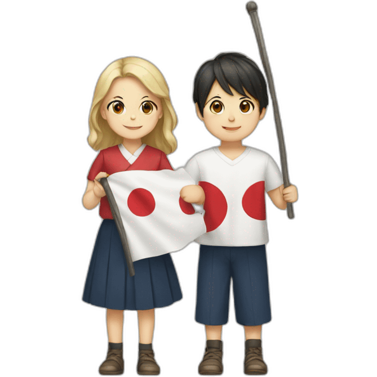 boy and girl holding Japanese flag emoji