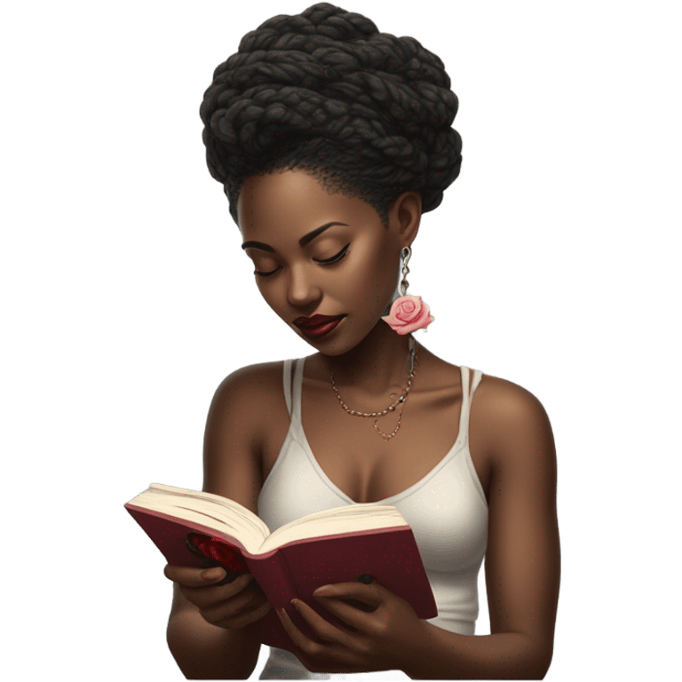 Hyper Realistic beautiful woman model with a small rose tattoo reading a book  emoji