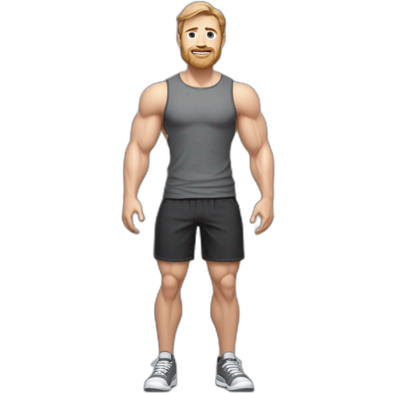 Full height Pale skinned muscular man With Realistic eyes and mouth, light brown hair and stubble In dark gray sleeveless mike, black oversize sports shorts, watch and white sneakers. emoji