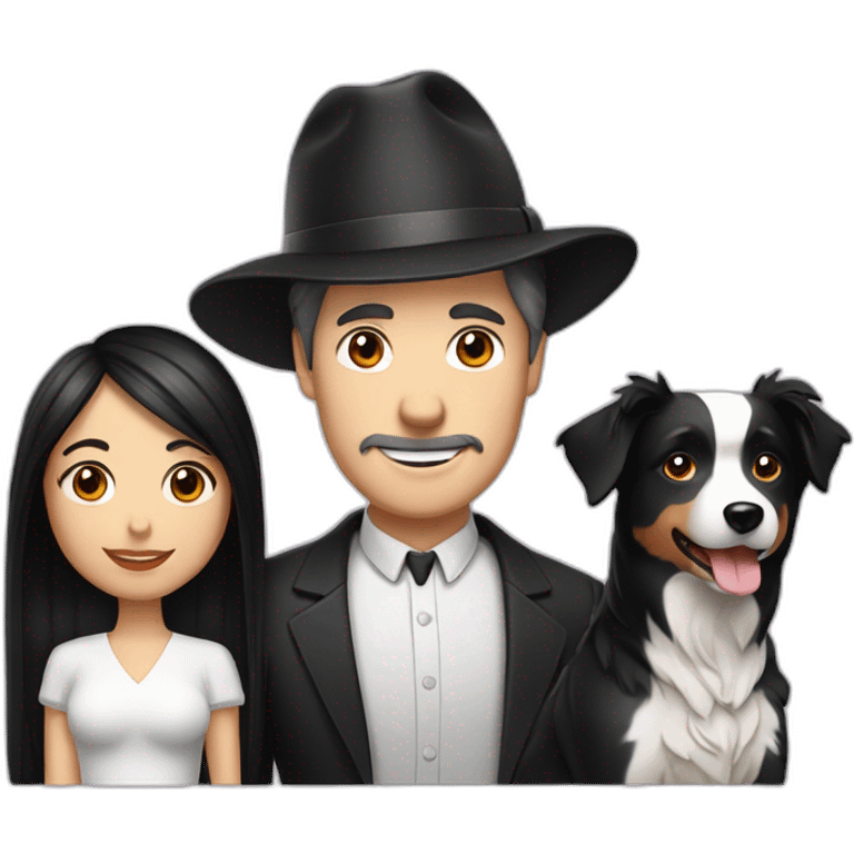 white family group consisting of man in hat and woman with black ponytail long hair and small black border collie dog emoji