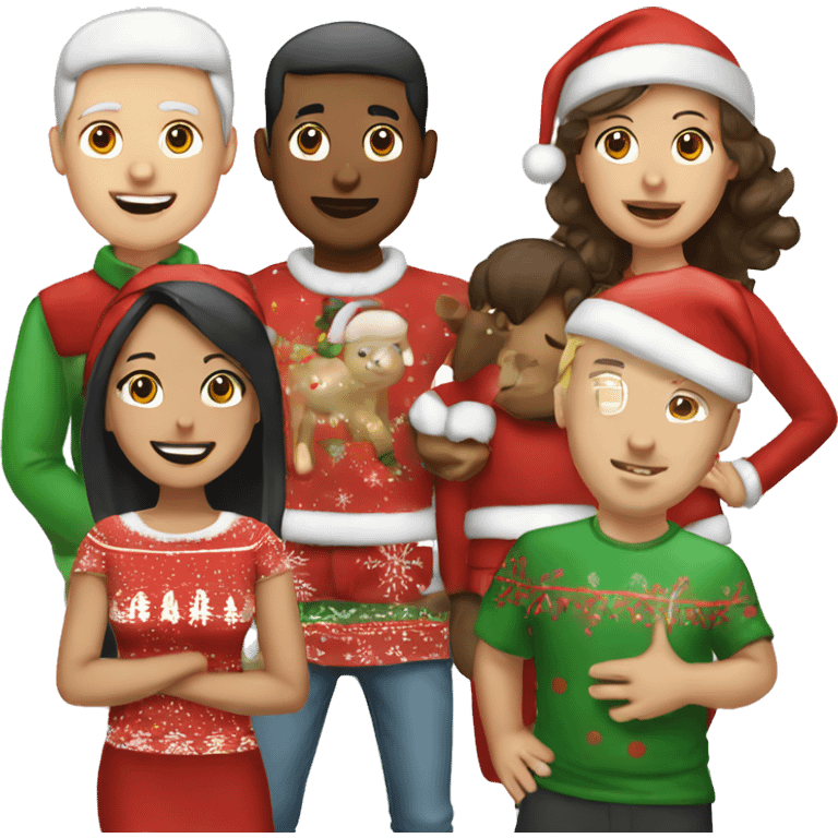 A group of white and Asian friends in Christmas clothes  emoji