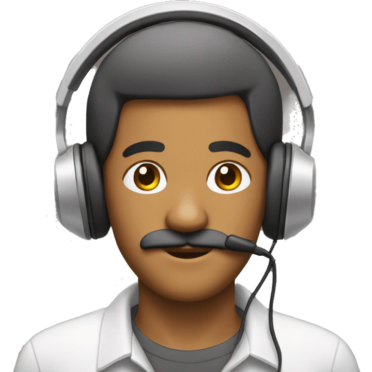 Make a brown man with mustache and with wired headphones and a computer and wearing a shirt  emoji