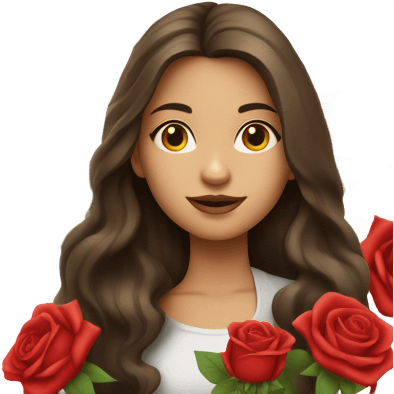 girl with beautiful long hair brunette in her hands a huge bouquet of red roses emoji