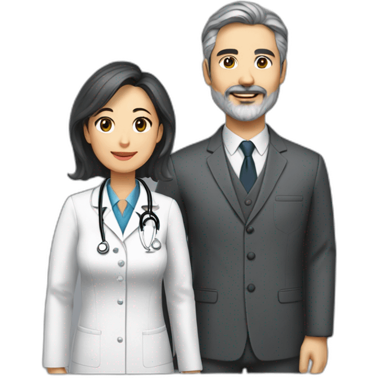 husband preacher middle age dark gray hair trimmed beard business suit, with wife asian age 55 dark hair nurse uniform emoji