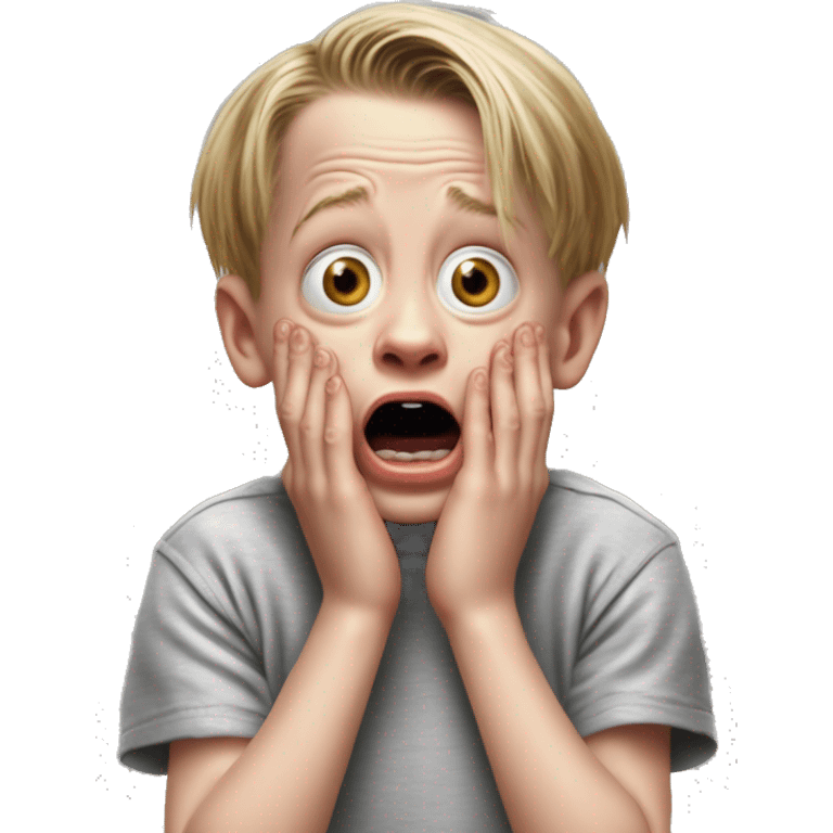 macaulay culkin child from Home Alone, putting both hands on his face and screaming of fear. bring the hands down lik he is putting on his cheeks. emoji