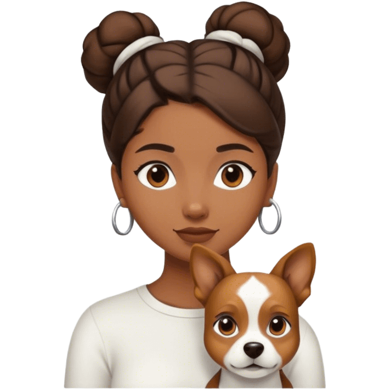 sort, 30 year old, brown girl, back Bun hairstyle, with a white brown dog emoji