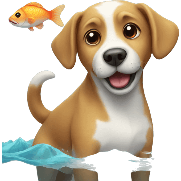 cute dog with fish in ocean emoji